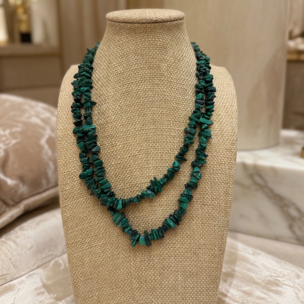 Vintage Malachite Chip Necklace Green Natural Stone Boho 34"